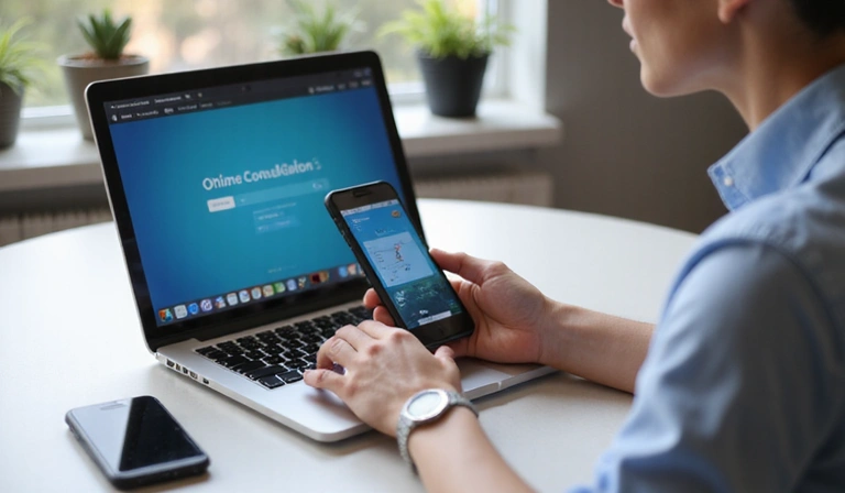 Una persona che prenota una consulenza online da un computer portatile e uno smartphone