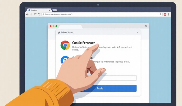 Illustrazione di un utente che gestisce le impostazioni dei cookie sul proprio browser web, con icone di browser popolari.
