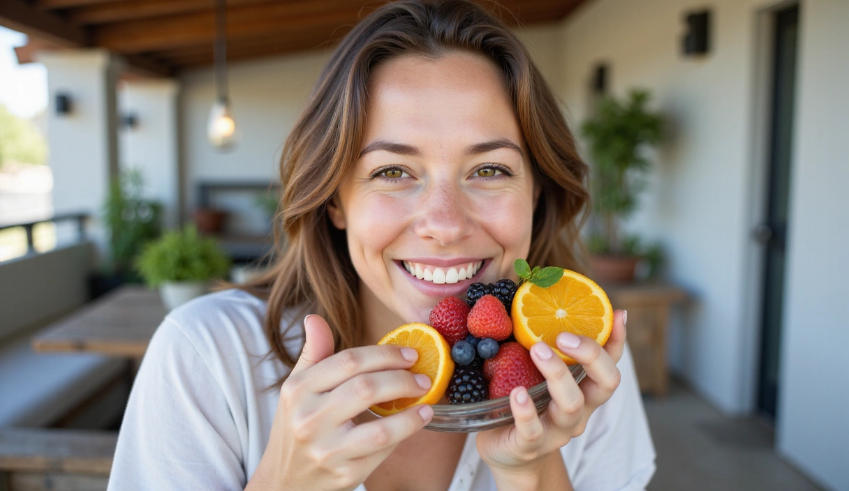 Donna sorridente che mangia frutta fresca in un ambiente luminoso