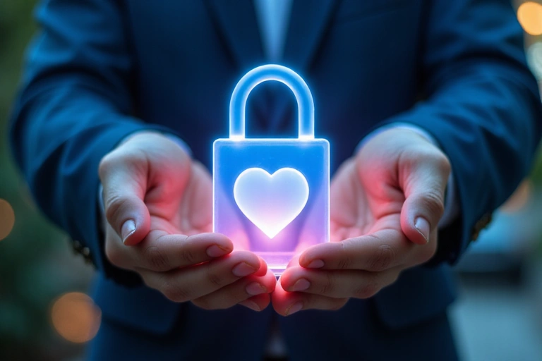 Mani che tengono un lucchetto digitale a forma di cuore, simboleggiando la protezione dei dati personali.
