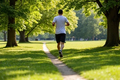 Una persona che fa jogging in un parco verde, simbolo di attività fisica e natura.
