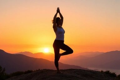Una donna che pratica yoga all'aperto al tramonto, in una posa di equilibrio.