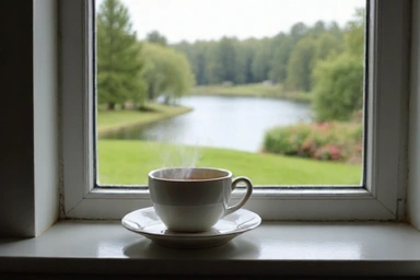 Una tazza di tisana fumante su un davanzale con vista su un paesaggio tranquillo, simbolo di relax.