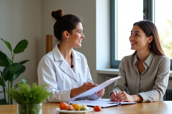 Donna che parla con una nutrizionista in un ambiente accogliente, con un quaderno aperto e del cibo sano sul tavolo.
