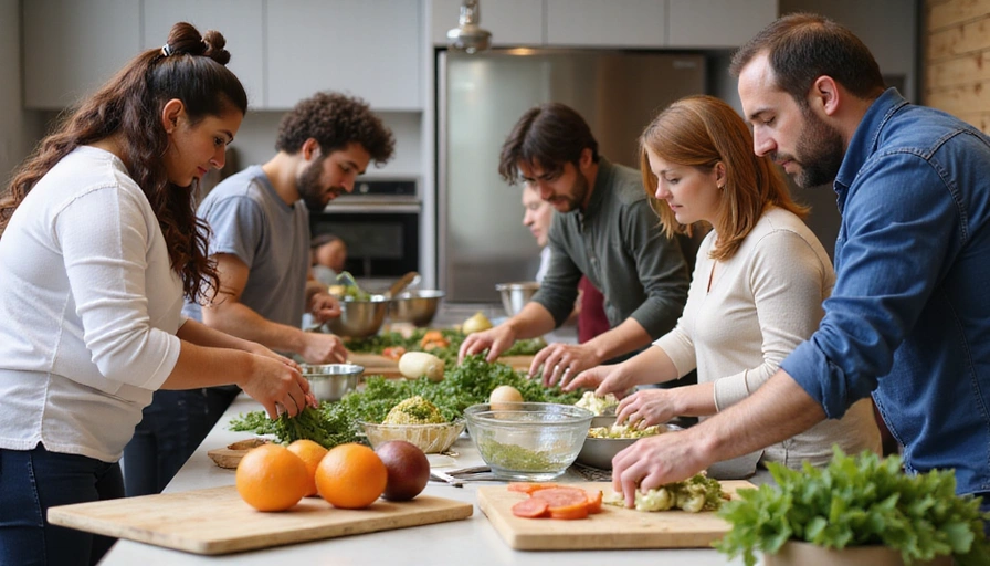Un gruppo di persone che partecipano a un workshop di cucina sana, con ingredienti freschi e utensili da cucina su un tavolo.