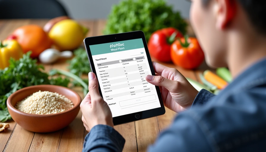 Una nutrizionista che mostra un esempio di piano alimentare personalizzato su un tablet a un cliente, con ingredienti freschi sul tavolo.